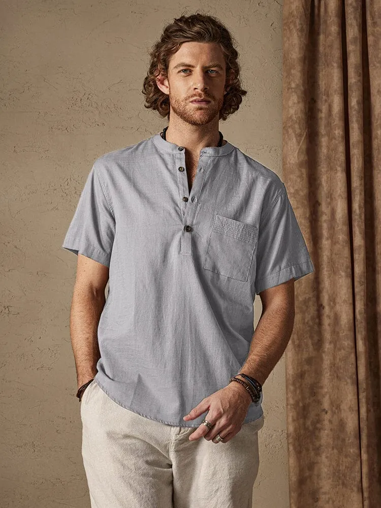 Casual Cotton and Linen Henley Shirt with Pocket