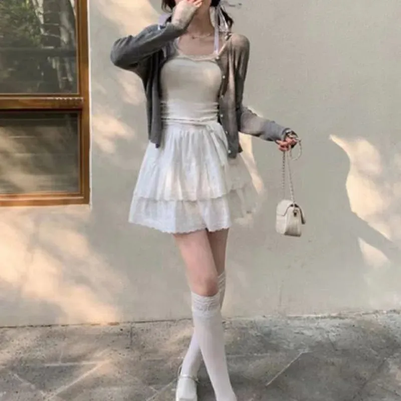 TAVIMART  -  Korean Fashion Tennis Skirt Sets Women Harajuku White Mini Dress Balletcore Long Sleeves Top Shirt Korean Outfits Fall Clothes