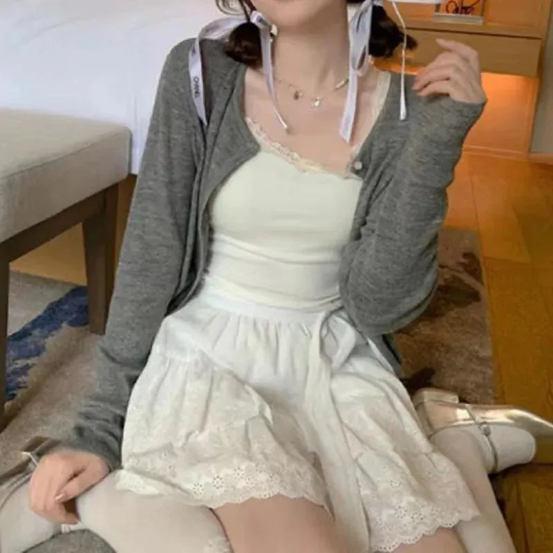 TAVIMART  -  Korean Fashion Tennis Skirt Sets Women Harajuku White Mini Dress Balletcore Long Sleeves Top Shirt Korean Outfits Fall Clothes