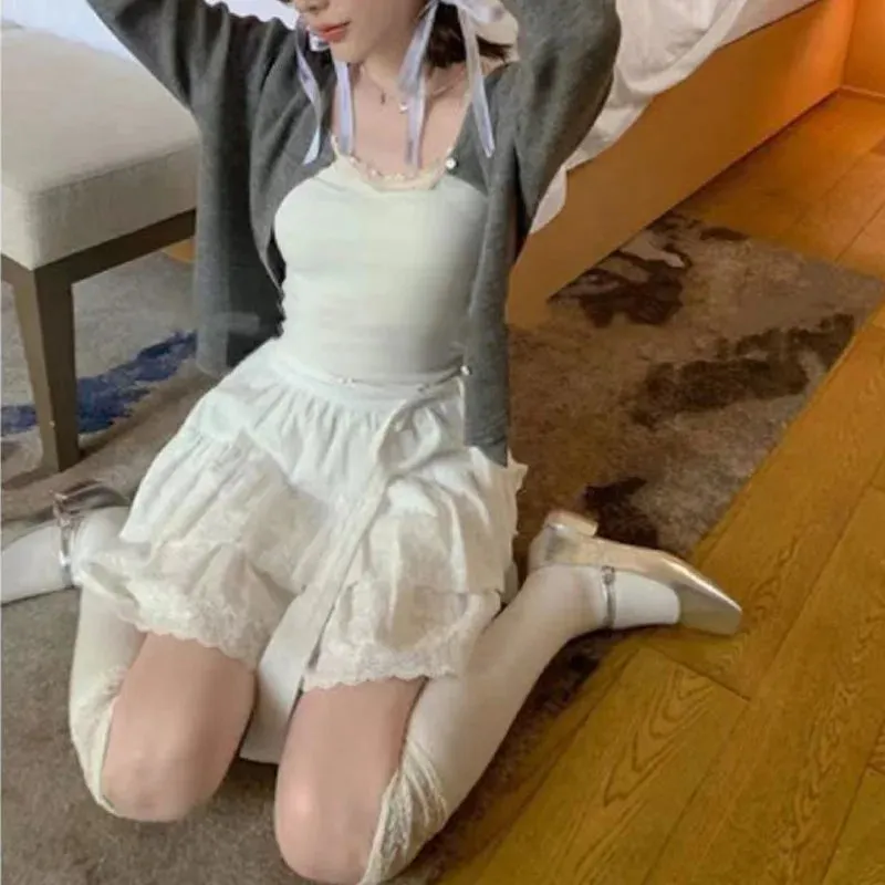 TAVIMART  -  Korean Fashion Tennis Skirt Sets Women Harajuku White Mini Dress Balletcore Long Sleeves Top Shirt Korean Outfits Fall Clothes