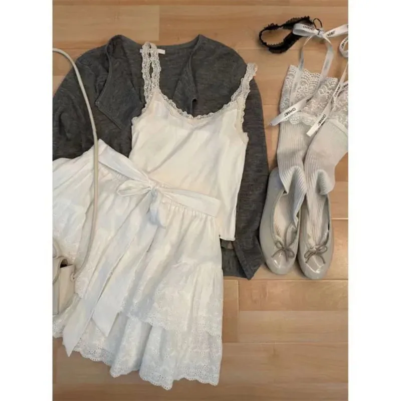 TAVIMART  -  Korean Fashion Tennis Skirt Sets Women Harajuku White Mini Dress Balletcore Long Sleeves Top Shirt Korean Outfits Fall Clothes