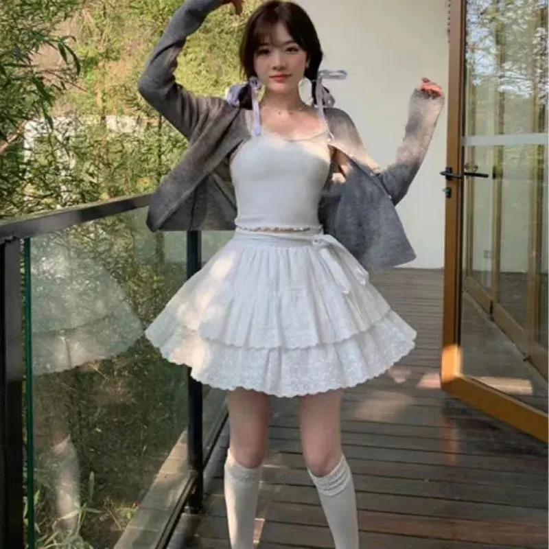 TAVIMART  -  Korean Fashion Tennis Skirt Sets Women Harajuku White Mini Dress Balletcore Long Sleeves Top Shirt Korean Outfits Fall Clothes